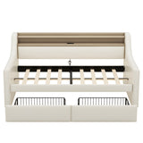Twin Size Daybed with Storage Drawers, Upholstered Daybed with Charging Station and LED Lights, Beige