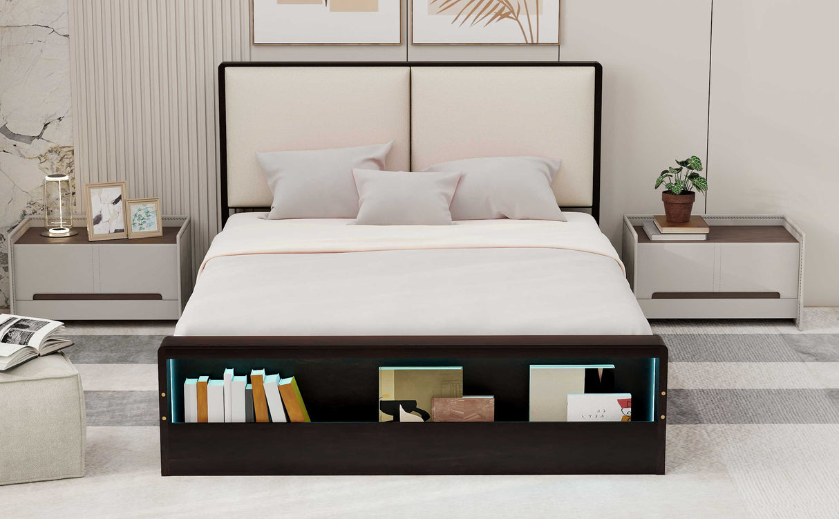 Queen Size Platform Bed Frame with Upholstery Headboard and Bookshelf in Footboard and LED Light Strips, Espresso - V.I.P Digital Presence
