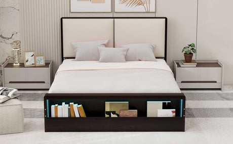 Queen Size Platform Bed Frame with Upholstery Headboard and Bookshelf in Footboard and LED Light Strips, Espresso - V.I.P Digital Presence