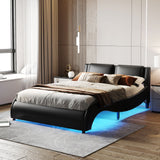 Queen Size Upholstered Faux Leather Platform Bed with LED Light Bed Frame with Slatted - Black - V.I.P Digital Presence