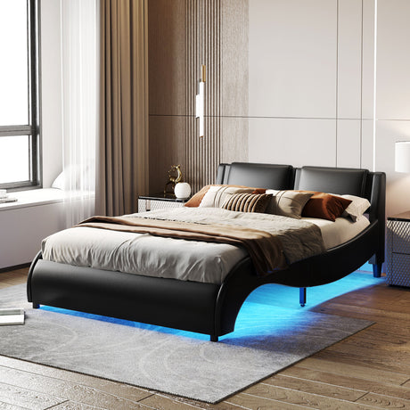 Queen Size Upholstered Faux Leather Platform Bed with LED Light Bed Frame with Slatted - Black - V.I.P Digital Presence