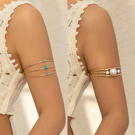 Multi layer hollow micro inlaid imitation pearl turquoise opening arm chain ethnic style handmade jewelry - V.I.P Digital Presence
