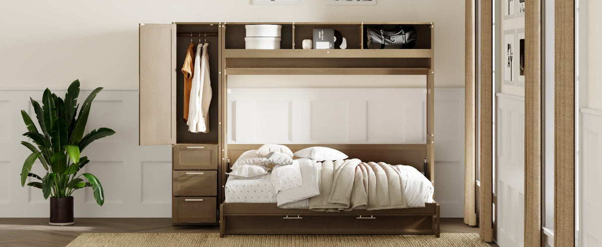 Full Size Murphy Bed with Wardrobe, Drawers and Open Shelves, Antique Grey - V.I.P Digital Presence