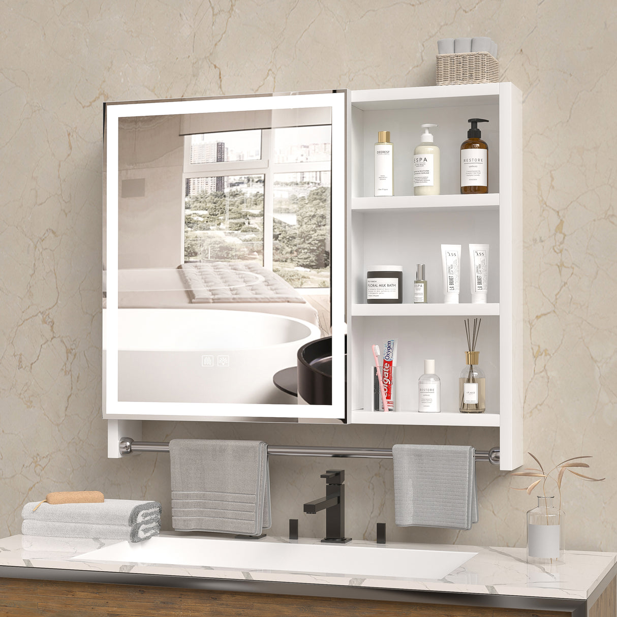 Modern 32x28 inch bathroom storage cabinet with mirrors, LED lights, multi-layer storage compartments, and towel racks - V.I.P Digital Presence