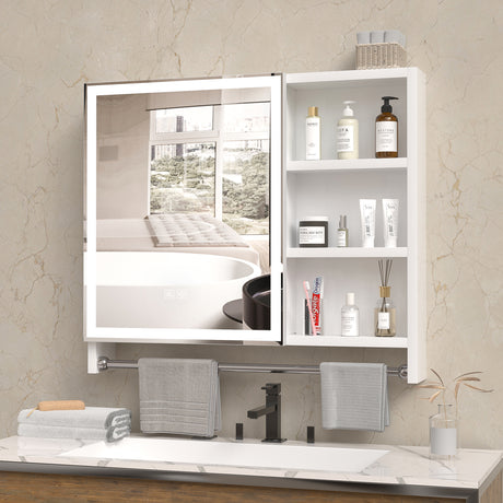Modern 32x28 inch bathroom storage cabinet with mirrors, LED lights, multi-layer storage compartments, and towel racks - V.I.P Digital Presence