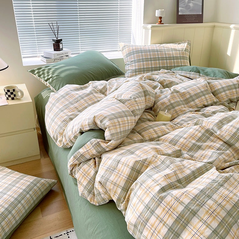 Cotton Dyed Washed Cotton Bedding Set Pure Cotton A Class Flat Sheet Quilt Cover Fitted Sheet Quilt Cover Three-Piece Set Striped