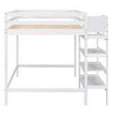 Full Size Loft Bed with Built-in Storage Staircase and Hanger for Clothes  White