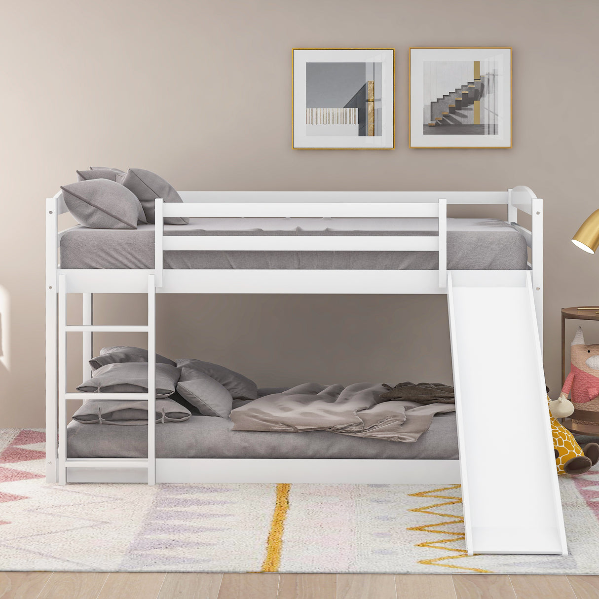 Twin over Twin Bunk Bed with Convertible Slide and Ladder   White