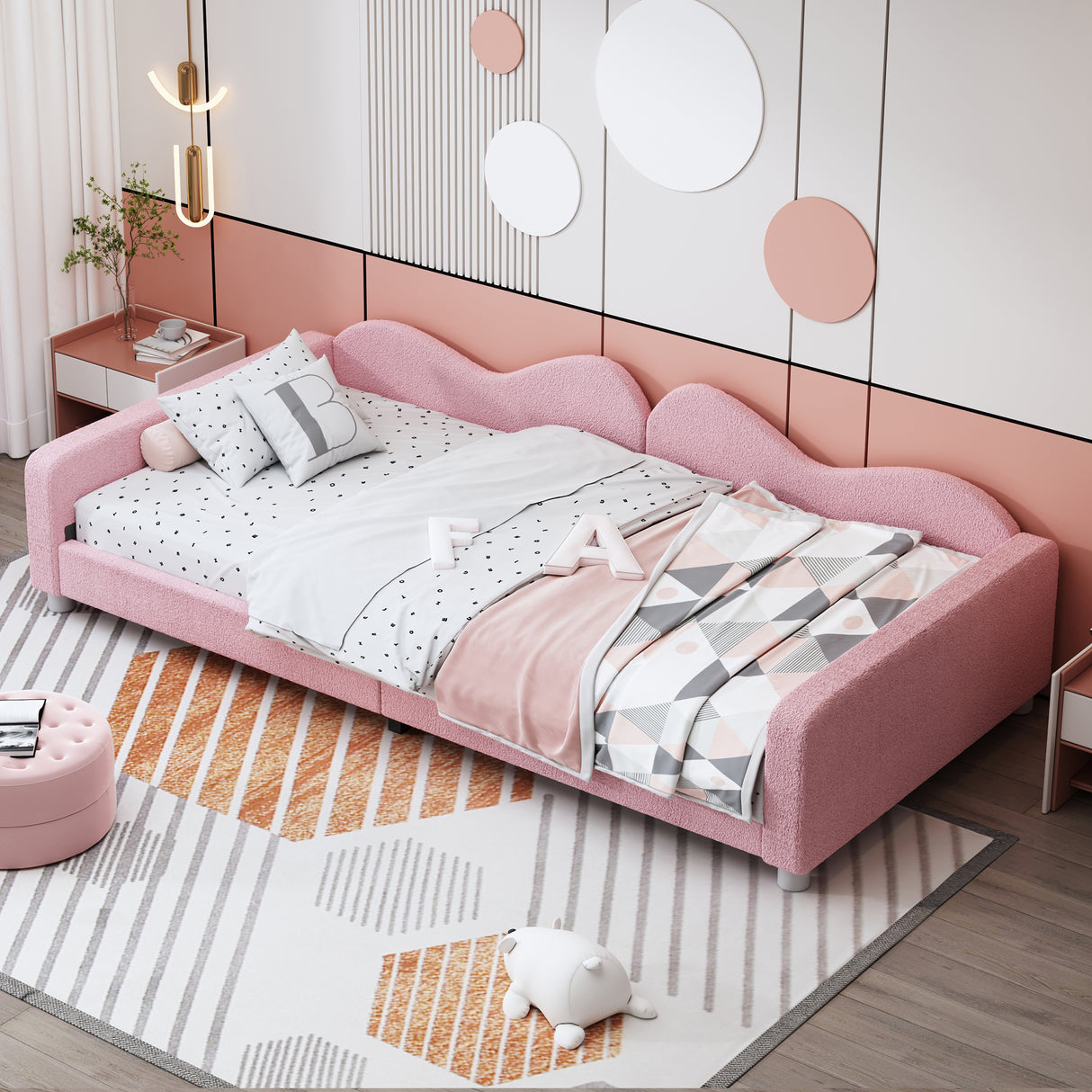 Twin size Upholstered Daybed, Sherpa Fabric Sofabed with Cloud-Shaped Backrest, No Box-spring Needed, Pink - V.I.P Digital Presence