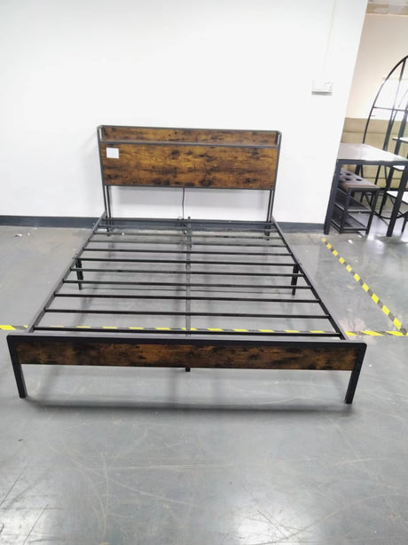 Bed frame with charging station full size, Rustic Brown, 83.1'' L x 56.1'' W x 39'' H - V.I.P Digital Presence