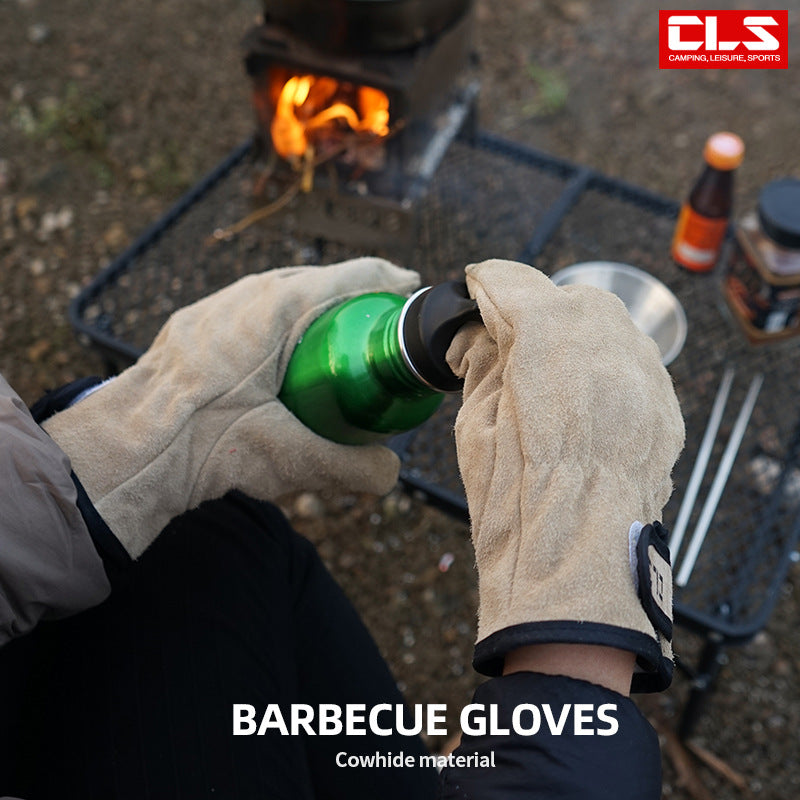 Guantes de barbacoa para picnic al aire libre, de cuero, resistentes al desgaste, con aislamiento térmico y antiescaldaduras.