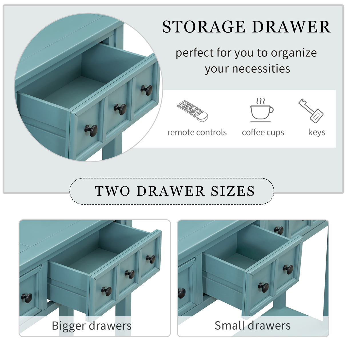 TREXM Rural Entrance Console Table 60 "Long Sofa Table with Two Different Size Drawers and Bottom Shelves for Storage (Turquoise