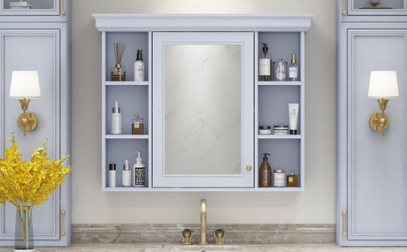 35'' x 28'' Blue Wall Mounted Bathroom Storage Cabinet with Mirror Door, Modern Bathroom Wall Cabinet with Mirror - V.I.P Digital Presence