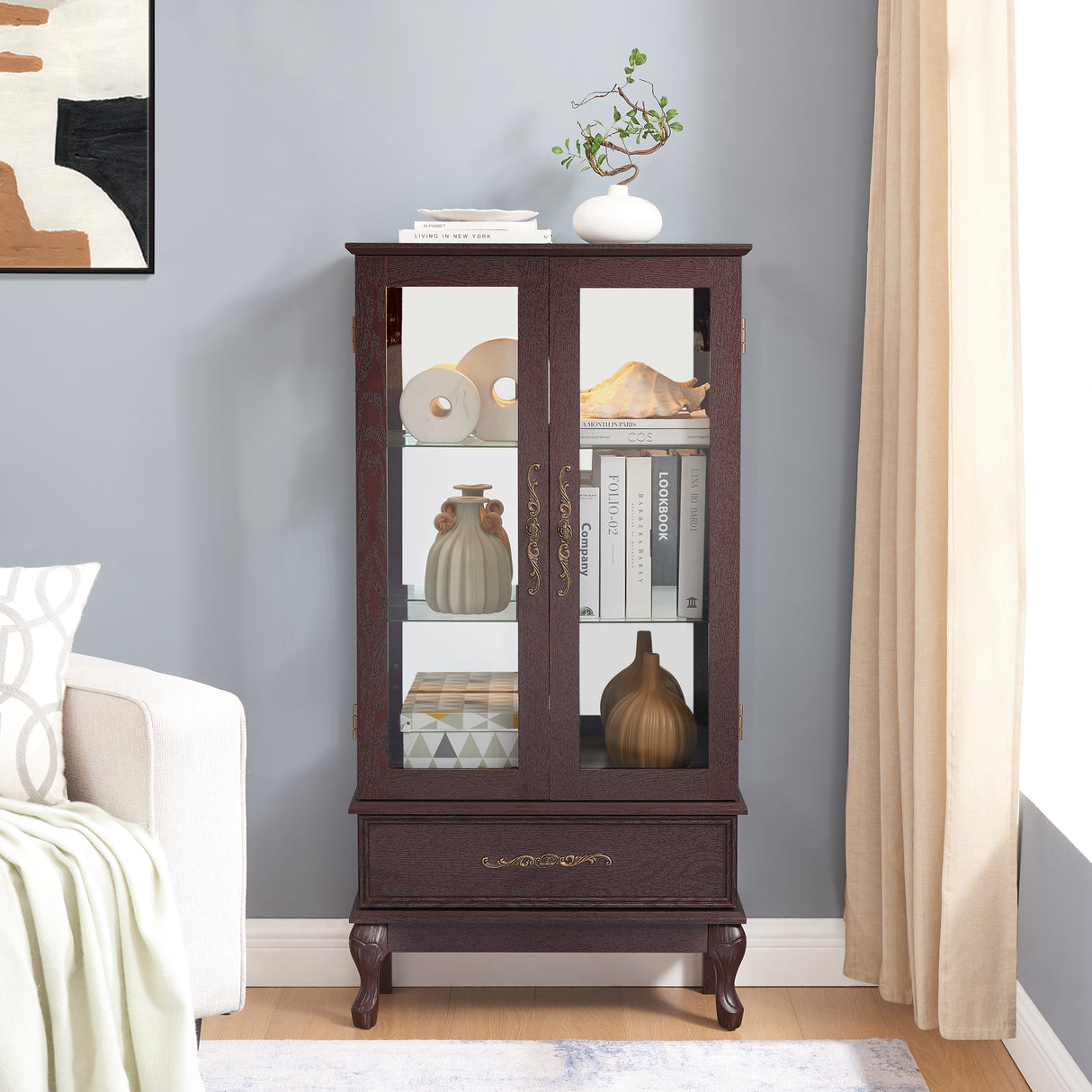 Curio cabinet lighting glass cabinet with adjustable glass frame, 2 doors and 1 drawer with light bulb, dark cherry color - V.I.P Digital Presence