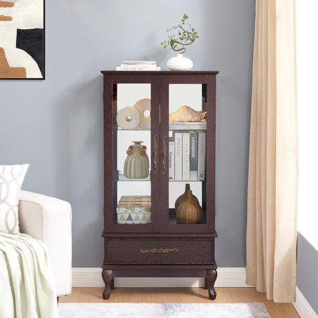 Curio cabinet lighting glass cabinet with adjustable glass frame, 2 doors and 1 drawer with light bulb, dark cherry color - V.I.P Digital Presence