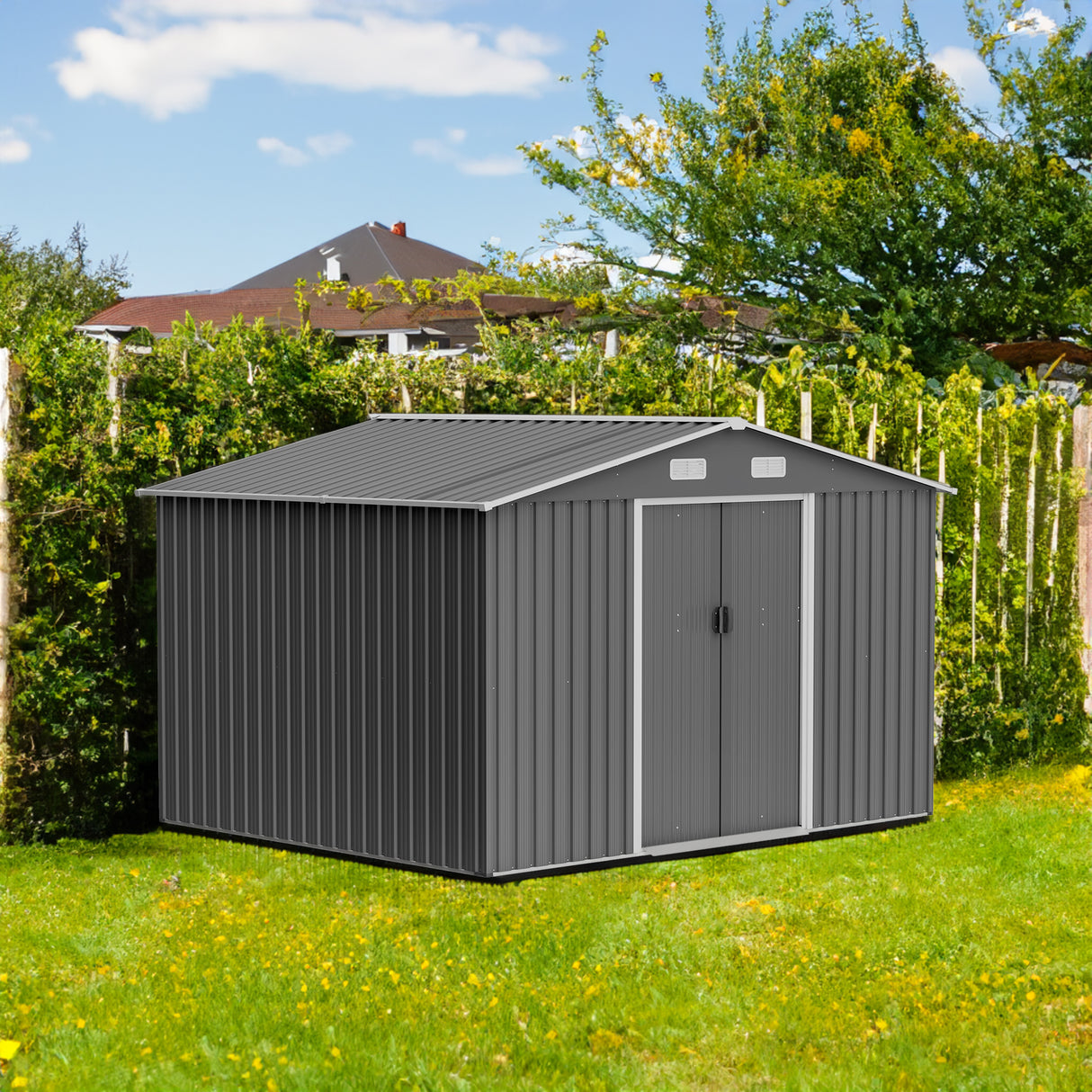 10X8 FT outdoor tool storage shed with metal foundation and lockable door, all-weather metal shed, gray - V.I.P Digital Presence