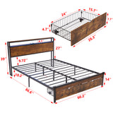 Large metal bed frame with wooden headboard and USB foot pedal, charging station, 2 drawers, LED lights, no need for box spring - V.I.P Digital Presence