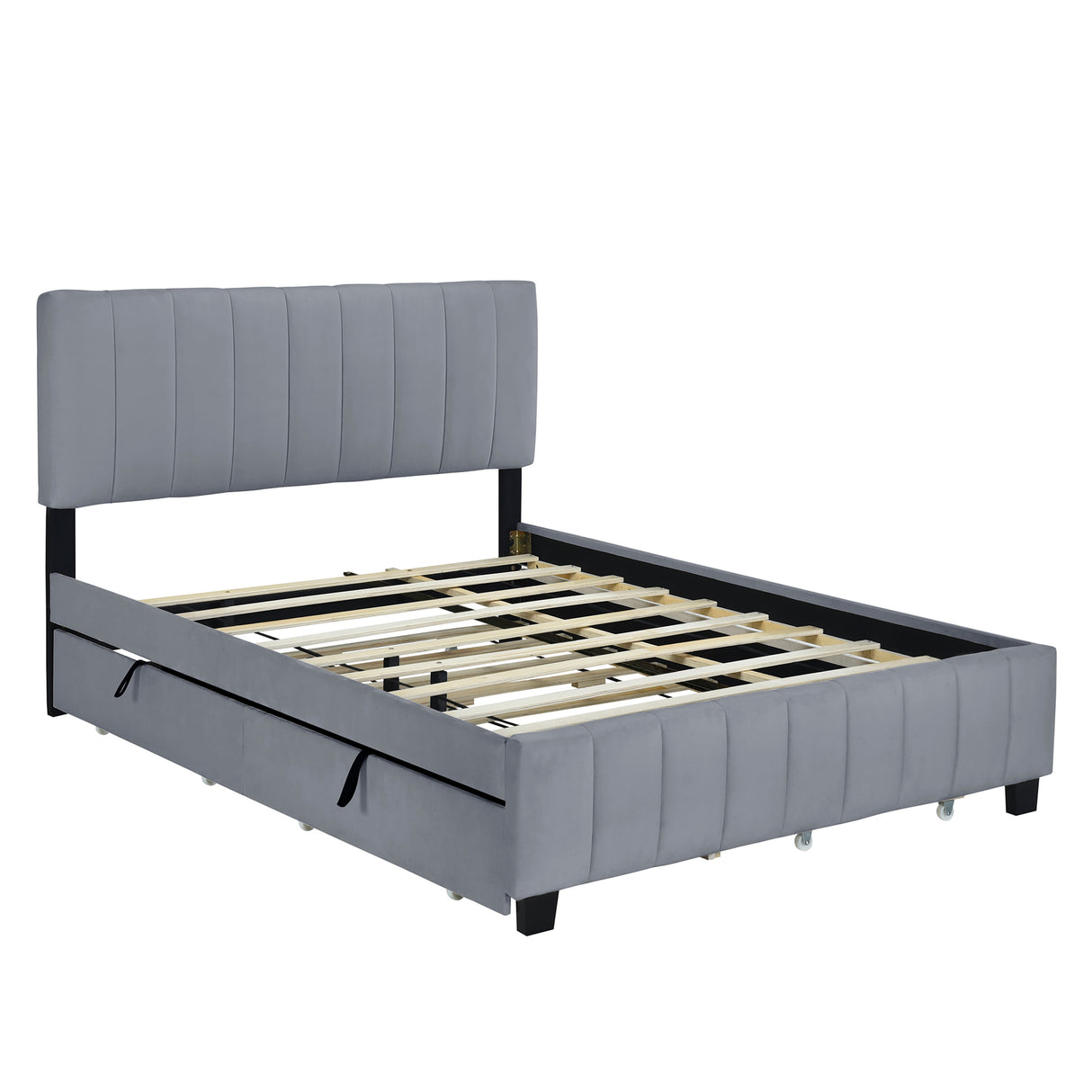 Queen Size Velvet Upholstered Platform Bed with 2 Drawers and 1 Twin XL Trundle- Gray - V.I.P Digital Presence