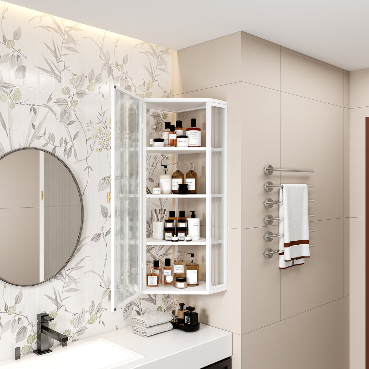 Glass Door Wall Mounted Corner Cabinet with Featuring Four-tier Storage  White