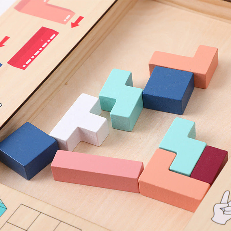 Juego de rompecabezas de pensamiento espacial multifuncional de iluminación para niños de madera, bloques de construcción tres en uno Tetris