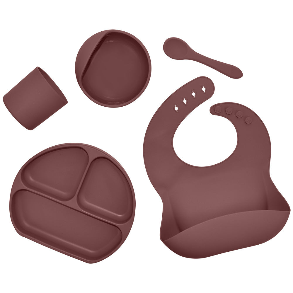 Juego de vajilla de silicona para niños, vajilla de alimentación complementaria para bebés, con bolsillo para saliva, ventosa, tazón, cuchara, plato de cena, babero, juego de 5 piezas