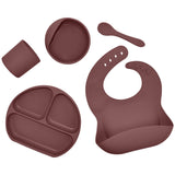 Juego de vajilla de silicona para niños, vajilla de alimentación complementaria para bebés, con bolsillo para saliva, ventosa, tazón, cuchara, plato de cena, babero, juego de 5 piezas