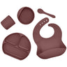 Juego de vajilla de silicona para niños, vajilla de alimentación complementaria para bebés, con bolsillo para saliva, ventosa, tazón, cuchara, plato de cena, babero, juego de 5 piezas