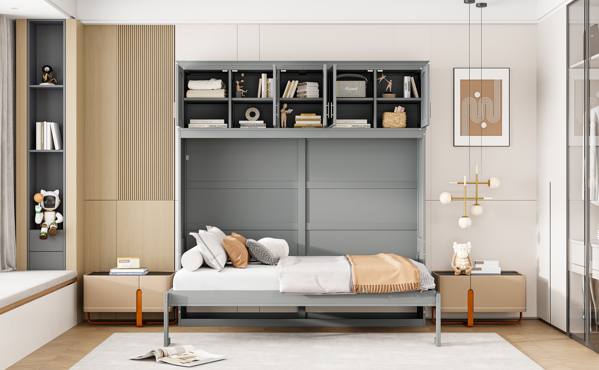 Full Size Murphy Bed Wall Bed with Top Cabinets,Gray - V.I.P Digital Presence
