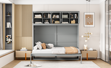 Full Size Murphy Bed Wall Bed with Top Cabinets,Gray - V.I.P Digital Presence