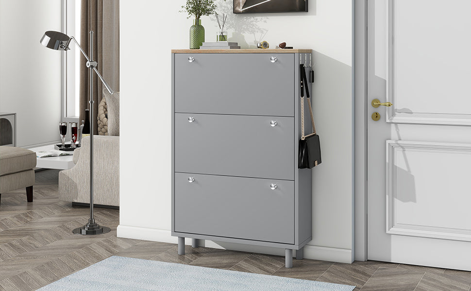 ON-TRANS narrow design shoe cabinet with 3 flip drawers and 3 independent shoe racks with 3 hooks, gray - V.I.P Digital Presence
