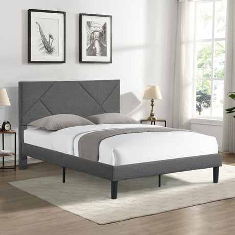 Queen Size Upholstered Platform Bed Frame Wood Slat Support Grey - V.I.P Digital Presence