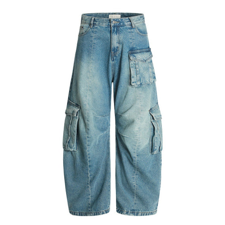 American High Street Vintage Washed Multi-Pocket Workwear Jeans Loose A-Line Wide Leg Long Pants for Men - V.I.P Digital Presence