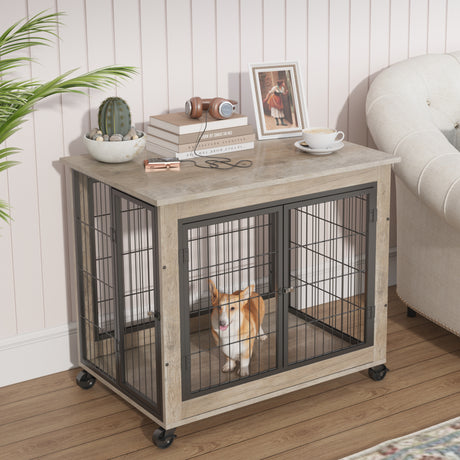 Furniture Dog Cage Crate with Double Doors on Casters. Grey, 31.50'' W x 22.05'' D x 24.8'' H. - V.I.P Digital Presence