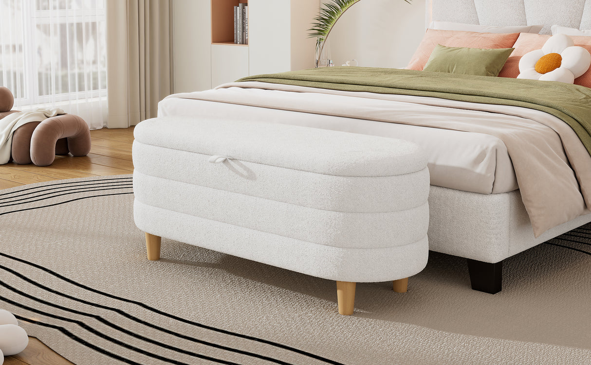 Elegant Upholstered Sherpa Fabric Storage Ottoman with Wood Legs, Storage Bench for Bedroom, Living Room, White - V.I.P Digital Presence
