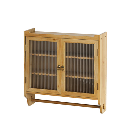 24.8 '' Glass door retro double door wall cabinet with three levels of storage space with towel rack, original wood color - V.I.P Digital Presence