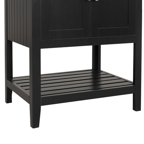 24" Black Modern Sleek Bathroom Vanity Elegant Ceramic Sink with Solid Wood Frame Open Style Shelf - V.I.P Digital Presence