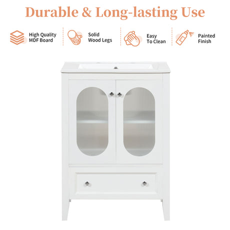 24" Bathroom Vanity with Sink, Bathroom Vanity Cabinet with One Drawer and Doors, Adjustable Shelf, Solid Wood and MDF, White - V.I.P Digital Presence