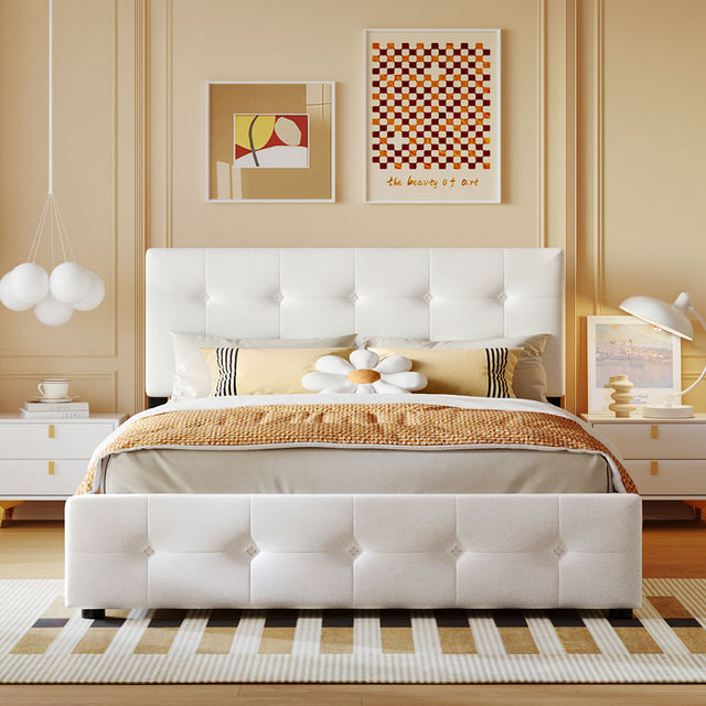 Upholstered Platform Bed with Classic Headboard and 4 Drawers No Box Spring Needed Linen Fabric Queen Size White - V.I.P Digital Presence