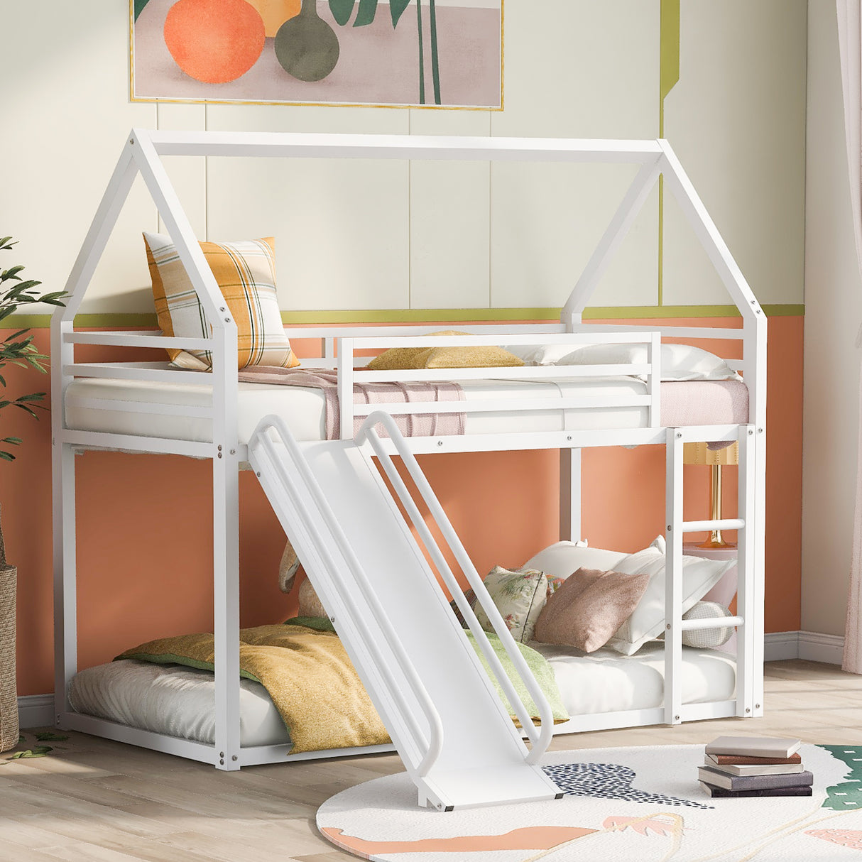 Twin over Twin House Bunk Bed with Ladder and Slide,White - V.I.P Digital Presence