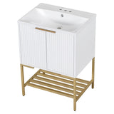 24" Bathroom Vanity with Sink, Bathroom Vanity Cabinet with Two Doors and Gold Metal Frame, Open Storage Shelf, White - V.I.P Digital Presence