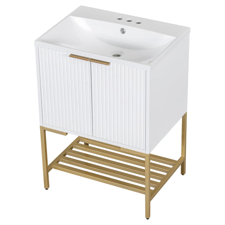 24" Bathroom Vanity with Sink, Bathroom Vanity Cabinet with Two Doors and Gold Metal Frame, Open Storage Shelf, White - V.I.P Digital Presence