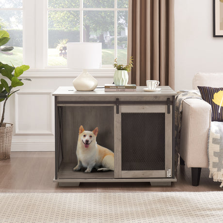 Farmhouse Dog Cage Crate Furniture with Sliding Barn Door, Farmhouse Wooden Dog Kennel End Table with Flip-top Plate Dog House - V.I.P Digital Presence