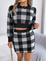 Plaid Knit Top & Skirt Sweater Set