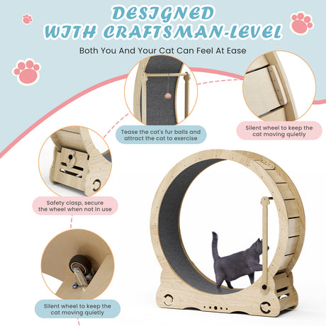 Indoor cat treadmill with carpet, tear device and latch natural wood, 39.4 inches long x 13.2 inches wide x 41.3 inches high - V.I.P Digital Presence