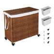 Laundry Hamper With Lid PE Rattan Powder Coating Frame Clothes Hampers with 02 Removable Bags, Wheels, 160L, Brown Color - V.I.P Digital Presence
