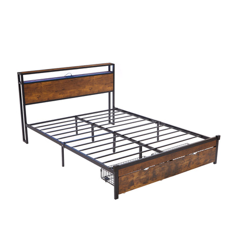 Large metal bed frame with wooden headboard and USB foot pedal, charging station, 2 drawers, LED lights, no need for box spring - V.I.P Digital Presence