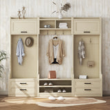 Four in one detachable hall tree with drawers and cabinets, 7 hooks, multifunctional corridor hangers, antique beige shoe stools - V.I.P Digital Presence