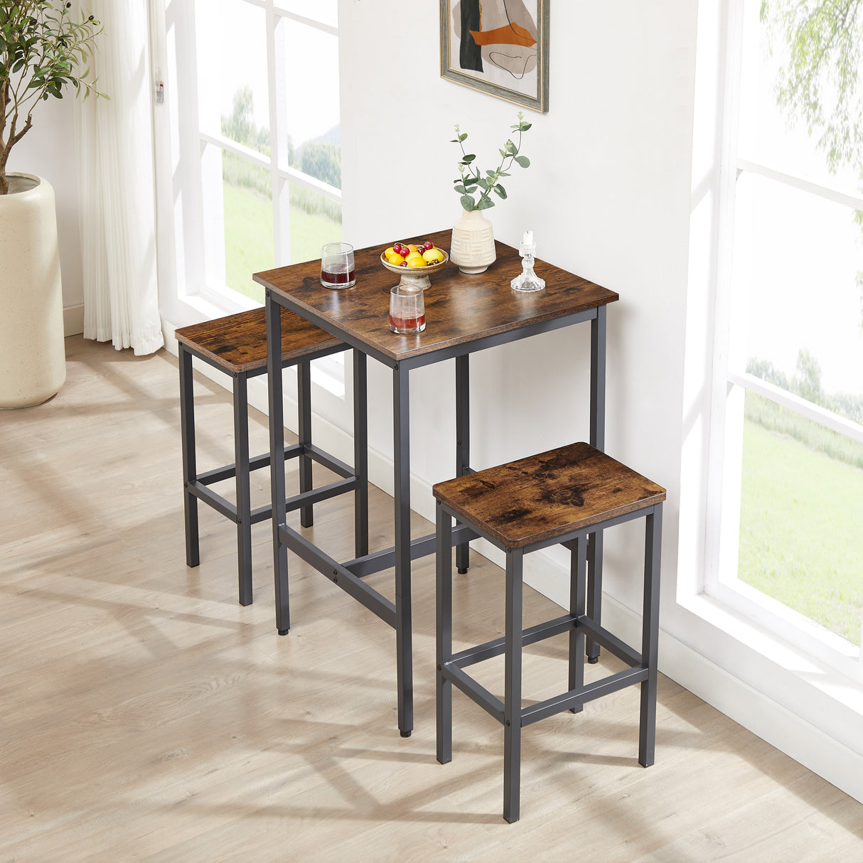 Bar Table Set Square Bar Table with 2 Bar Chairs Industrial Style Bar Chairs for Kitchen Breakfast Table Rustic Brown and Black
