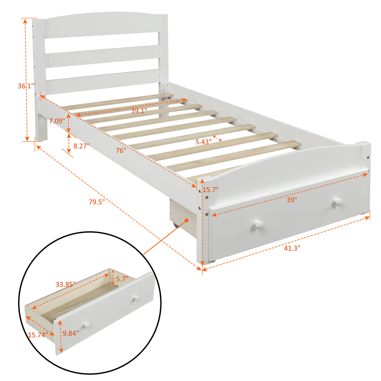 Platform Twin Bed Frame with Storage Drawer and Wood Slat Support No Box Spring Needed White - V.I.P Digital Presence