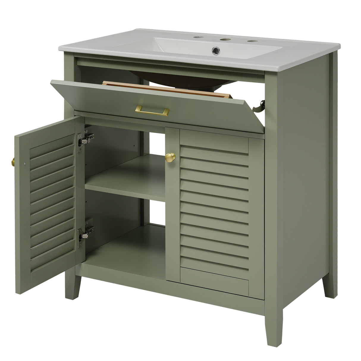 30-Inch Bathroom Vanity with Ceramic Sink Combination, Ample Storage - Features 1 Pullout and Multifunctional Shelf Dividers - V.I.P Digital Presence